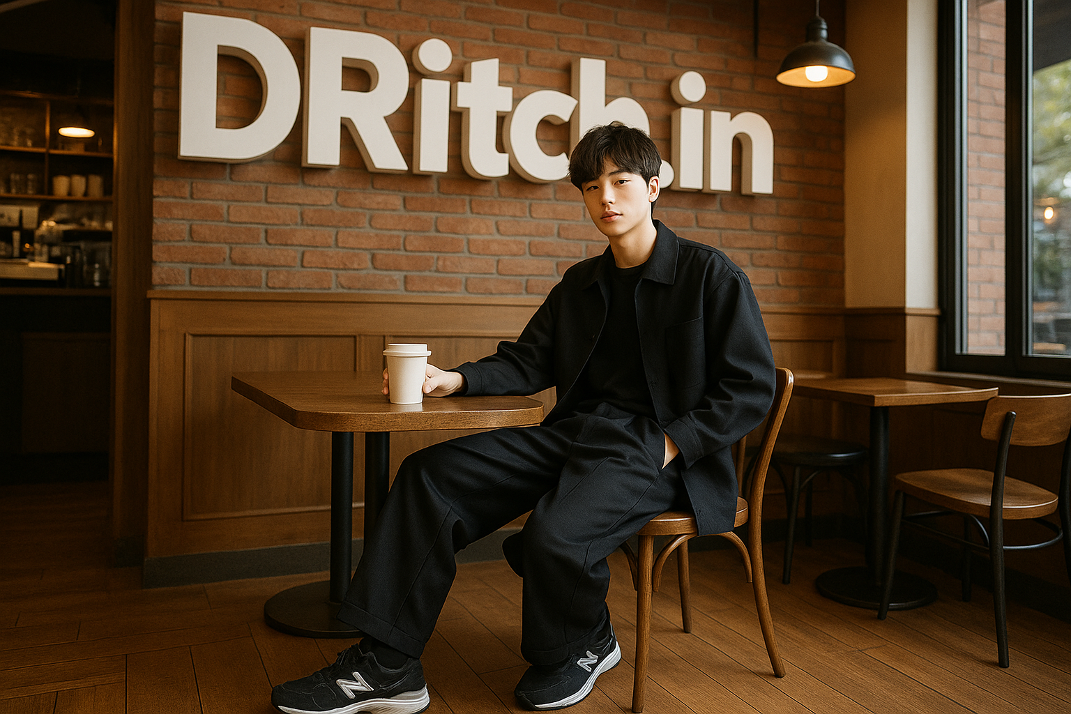 Person sitting at a table with a coffee cup in a cafe named 'Dritchin'.